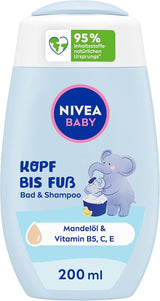 NIVEA BABY topp till tå bad & schampo, skonsamt veganskt schampo för barns hud och hår med mandelolja, avslappnande duschgel med hypoallergen formula utan parabener och mikroplaster (200 ml) Barn - Bad och hudvård Naty Shop Standardtitel