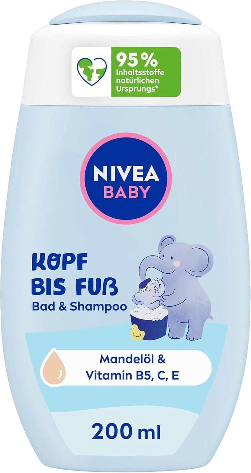 NIVEA BABY topp till tå bad & schampo, skonsamt veganskt schampo för barns hud och hår med mandelolja, avslappnande duschgel med hypoallergen formula utan parabener och mikroplaster (200 ml) Barn - Bad och hudvård Naty Shop Standardtitel