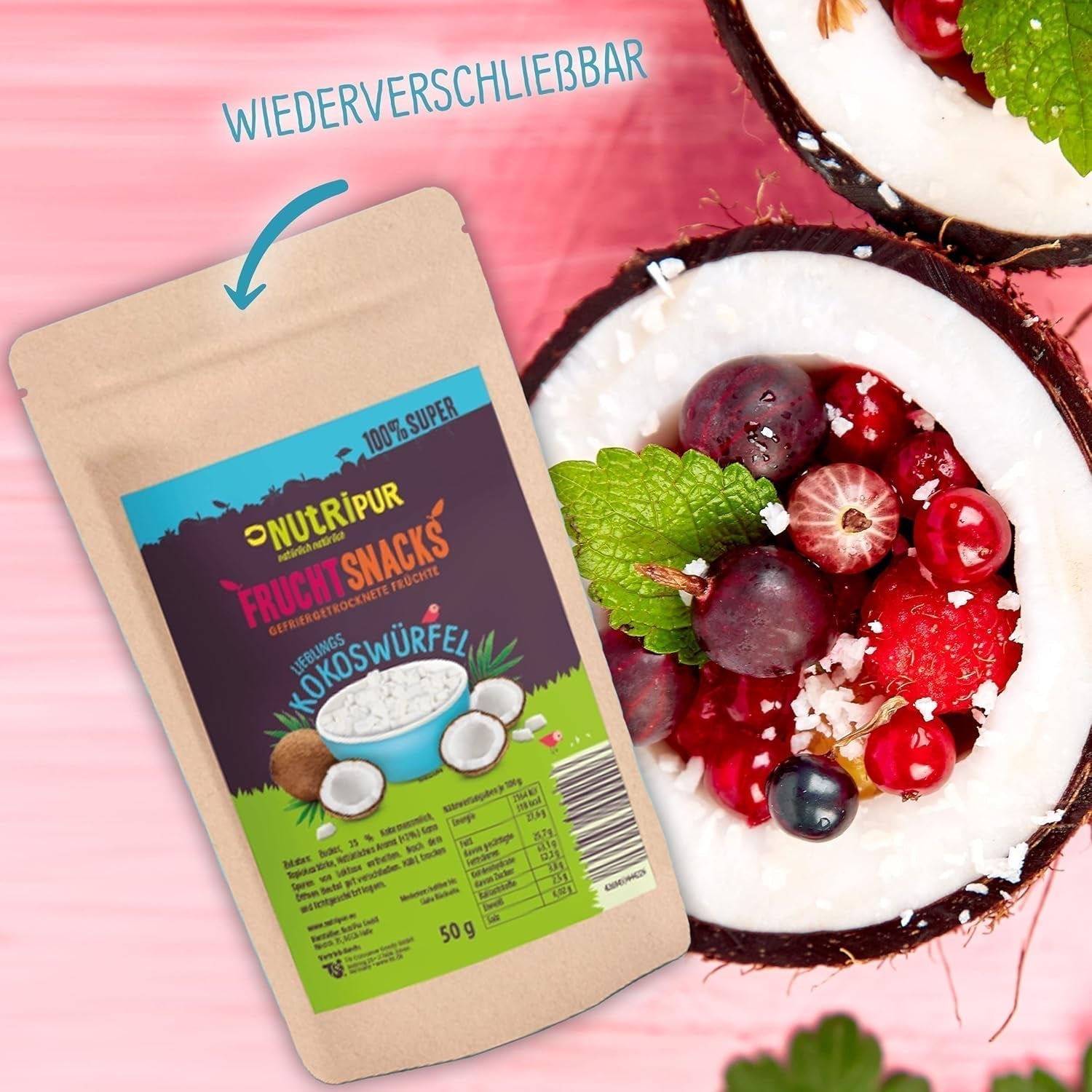 Frystorkad kokos: 50g frystorkad frukt - veganska godis sötade kokostärningar - naturligt torkad frukt från NutriPur Dehydrerade produkter Naty Shop