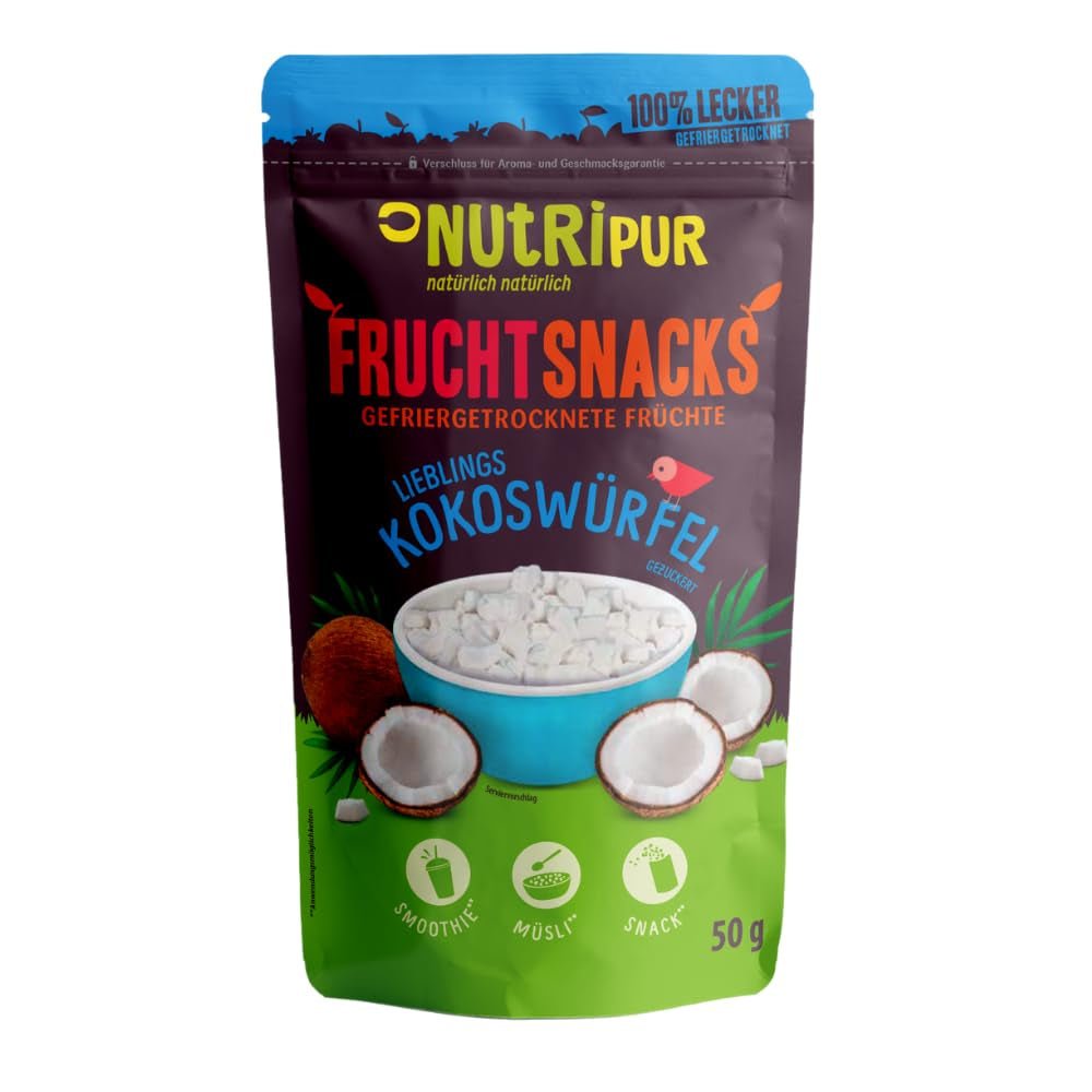 Frystorkad kokosnöt: 50g frystorkad frukt - veganska godis sötade kokostärningar - naturligt torkad frukt från NutriPur Dehydrerade produkter Naty Shop Standardtitel