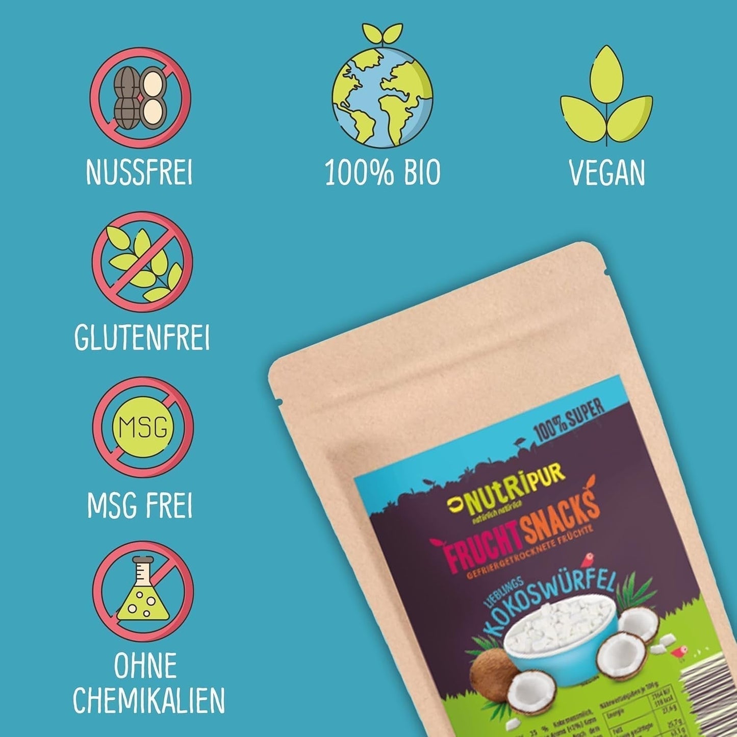 Frystorkad kokos: 50g frystorkad frukt - veganska godis sötade kokostärningar - naturligt torkad frukt från NutriPur Dehydrerade produkter Naty Shop