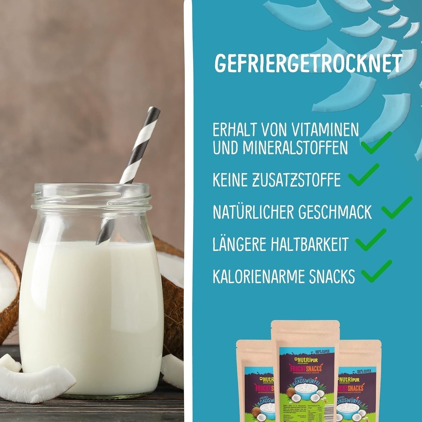 Frystorkad kokos: 50g frystorkad frukt - veganska godis sötade kokostärningar - naturligt torkad frukt från NutriPur Dehydrerade produkter Naty Shop