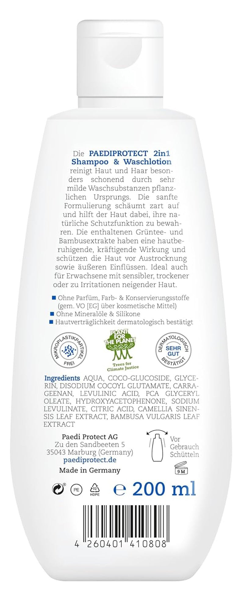 PAEDIPROTECT 2in1 schampo och tvättlotion för spädbarn och barn 200 ml, känslig rengöring och hår utan parfym och mikroplaster, duschgelén återfuktar torr och känslig hud, även för vuxna Barn - Bad och hudvård Naty Shop
