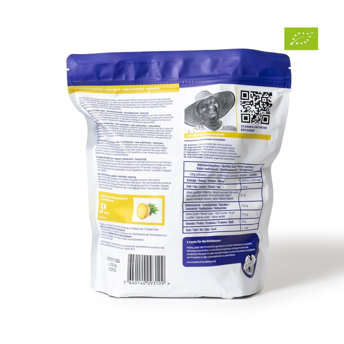 PAKKA ekologisk och rättvisemärkt ananasbitar 1 kg, ekologisk och rättvisemärkt torkad ananas, osötad, osavlad, producerad och fylld direkt av producenten i Colombia, vegan 1000g Dehydrerade produkter Naty Shop