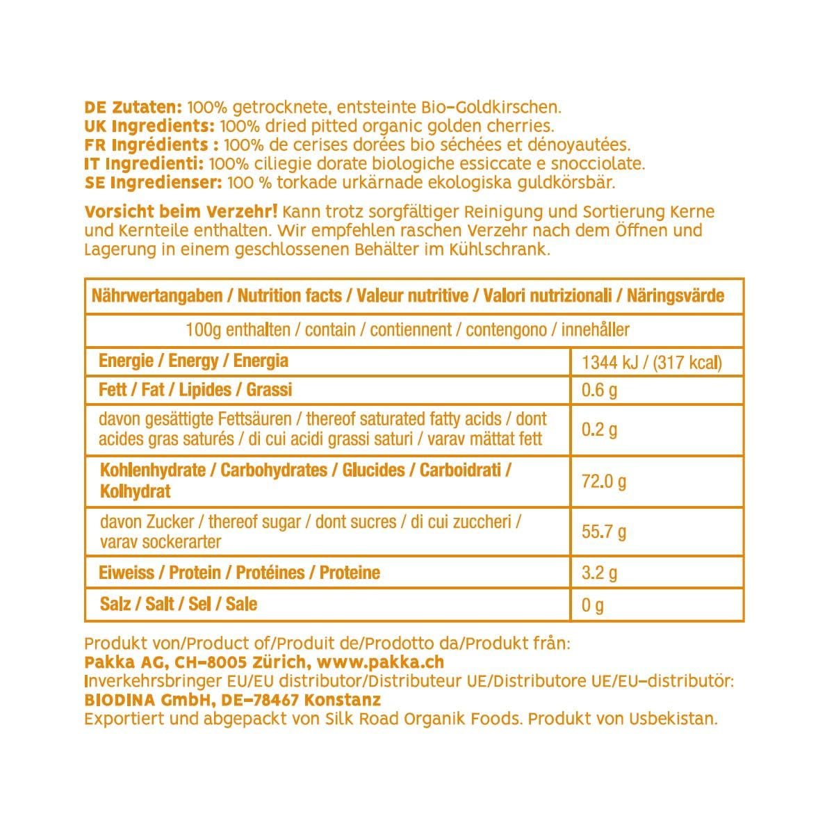 PAKKA - Organic Fairtrade soltorkade gyllene körsbär 500 g, vildplockade gula körsbär, osötade, osötade, direkt från småbönder i Samarkand, Uzbekistan, vegan, 500 g (1 förpackning) Naty Shop torkade produkter