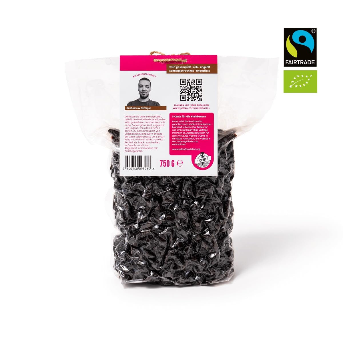 PAKKA - Soltorkade ekologiska Fairtrade-körsbär 750 g, vildskördade ekologiska körsbär, osötade, osötade direkt från småbönder i Samarkand, Uzbekistan, vegan, 750 g Naty Shop torkade produkter