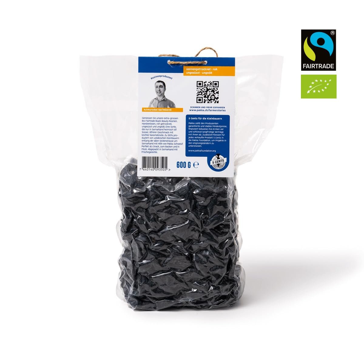 PAKKA - Organic Fairtrade Black Beauty Raisins 600gr, ekologiska, kärnfria, svarta druvor, soltorkade, oljefria, så klibbiga, osvavelfria, direkt från småbönder i Samarkand i Uzbekistan Dehydrerade produkter Naty Shop