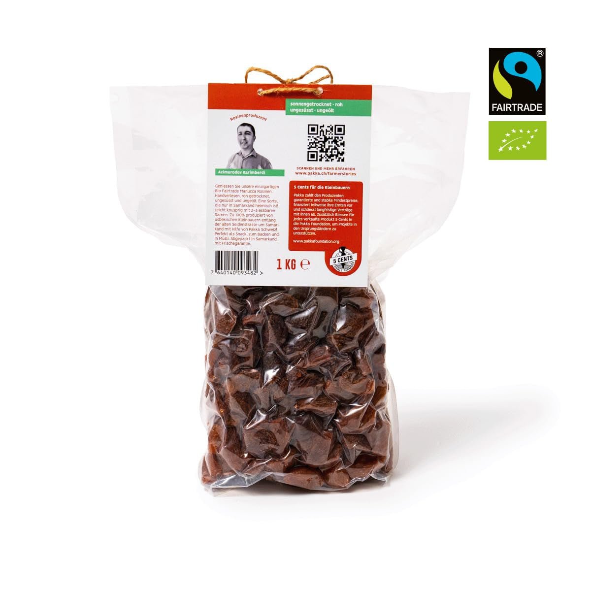 PAKKA - Ekologiska Fairtrade Jumbo Manucca-russin 1 kg med 2 - 3 krispiga frön, soltorkade manuccadruvor, oljefria, så klibbiga, osvavelfria, från småbönder i Samarkand Uzbekistan 1000g Dehydrerade produkter Naty Shop