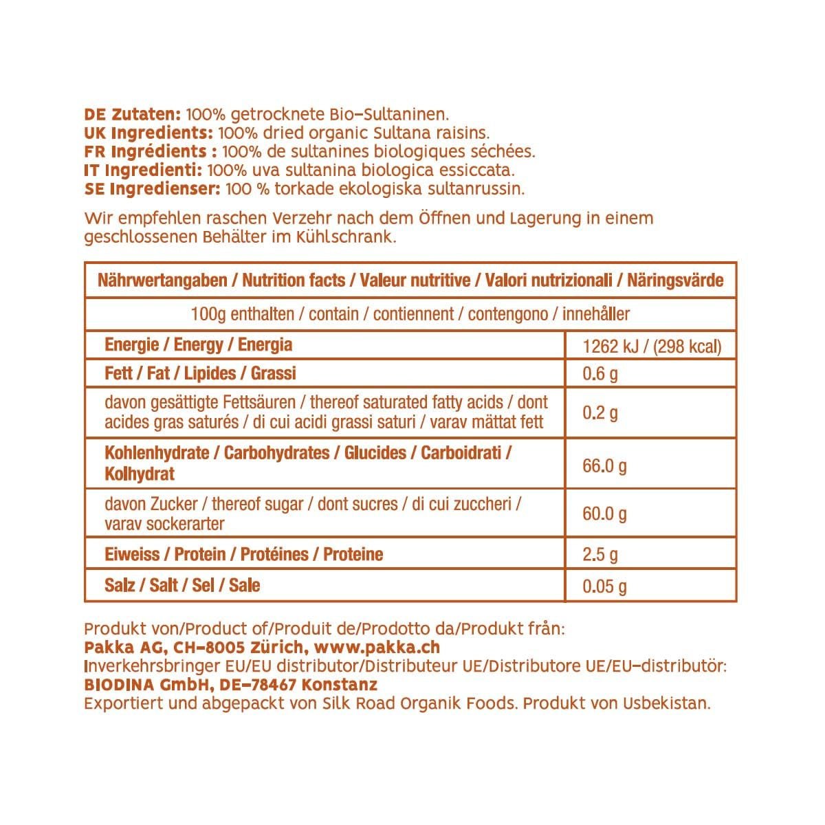 PAKKA - Ekologiska Fairtrade Sultanas 1kg, fröfria, hudlösa och soltorkade Sultanas Sultanas från Samarkand Uzbekistan 1000g Dehydrerade produkter Naty Shop