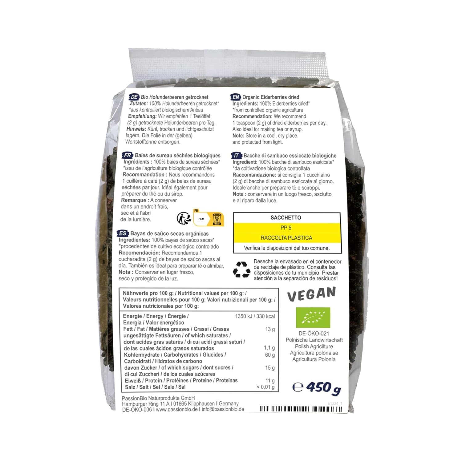 PassionBio ekologiska torkade fläderbär 450 g - Svarta fläder för te och sirap - Vegansk, inga konserveringsmedel, inget tillsatt socker (enligt lagen) Dehydrerade produkter Naty Shop