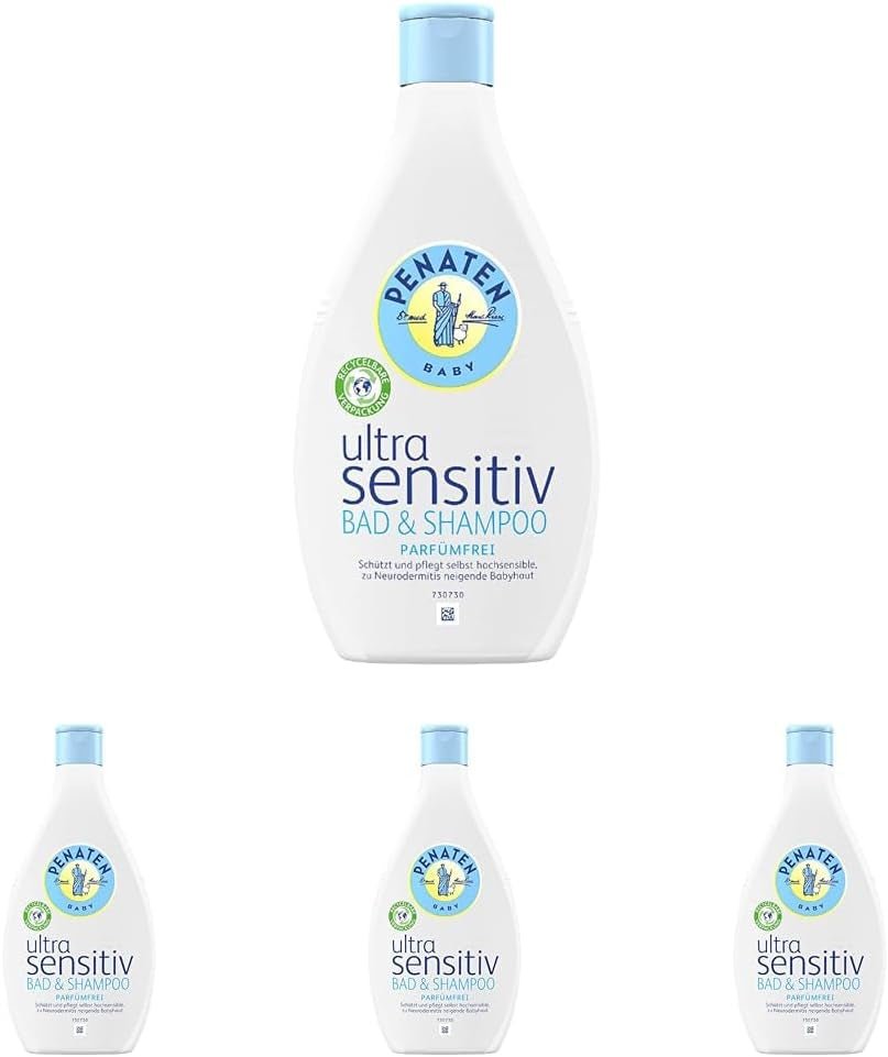 PENATEN Ultra Sensitive Bath & Shampoo (400 ml), bad och schampo för spädbarn speciellt skonsamt för den mycket känsliga huden hos spädbarn som är utsatta för neurodermatit, duschgel och hårschampo utan parfym och färgämnen Barn - Bad och hudvård Naty Shop 400 Ml (förpackning med 4) Tvättgelé
