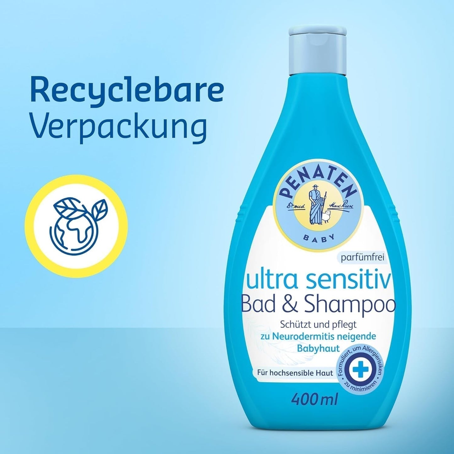 PENATEN Ultra Sensitive Bath & Shampoo (400 ml), särskilt skonsamt babybad och schampo för den mycket känsliga huden hos spädbarn som är utsatta för neurodermatit, doft- och färgfri duschgel och hårschampo Barn - Bath and Skincare Naty Shop