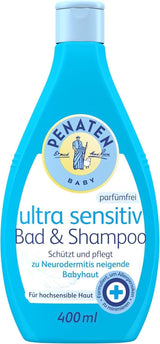 PENATEN Ultra Sensitive Bath & Shampoo (400 ml), babybad och schampo speciellt skonsamt för den mycket känsliga huden hos spädbarn som är utsatta för neurodermatit, duschgel och hårschampo utan parfym och färgämnen Barn - Bath and Skincare Naty Shop 400 Ml (1 förpackning) Tvättgelé