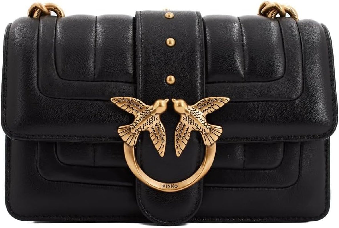 Pinko Ladies Love One Mini Cl Enkelsida Får Nappa Line Quiltväska Damväskor Naty Shop Z99Q_Antik Svart-Guld