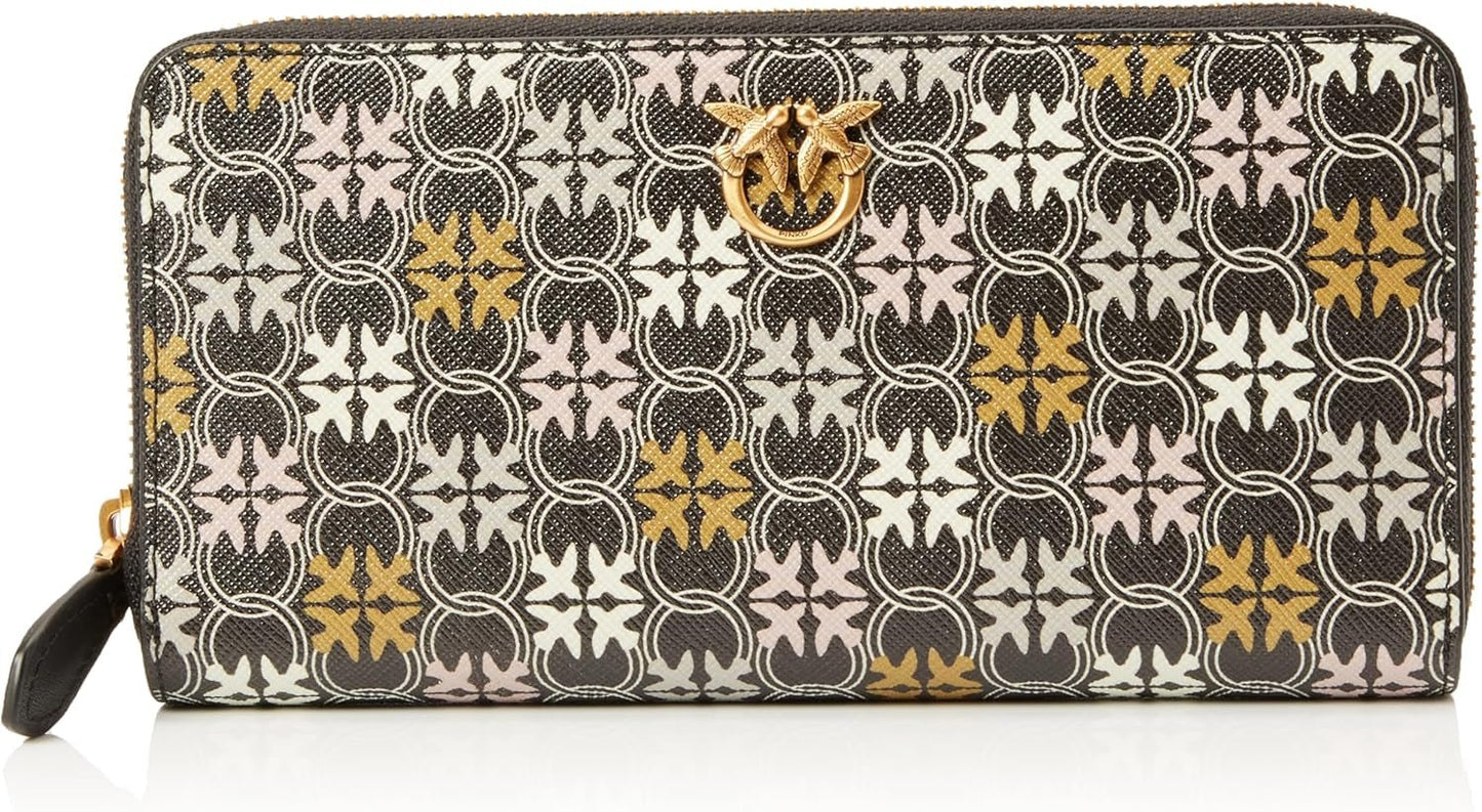 Pinko Ryder-dragkedja för kvinnor runt lädertryck Logotyp Resetillbehör Plånbok, Zm7q_Black/Brown/White.Antique Go Wallet Women Naty Shop Standardtitel