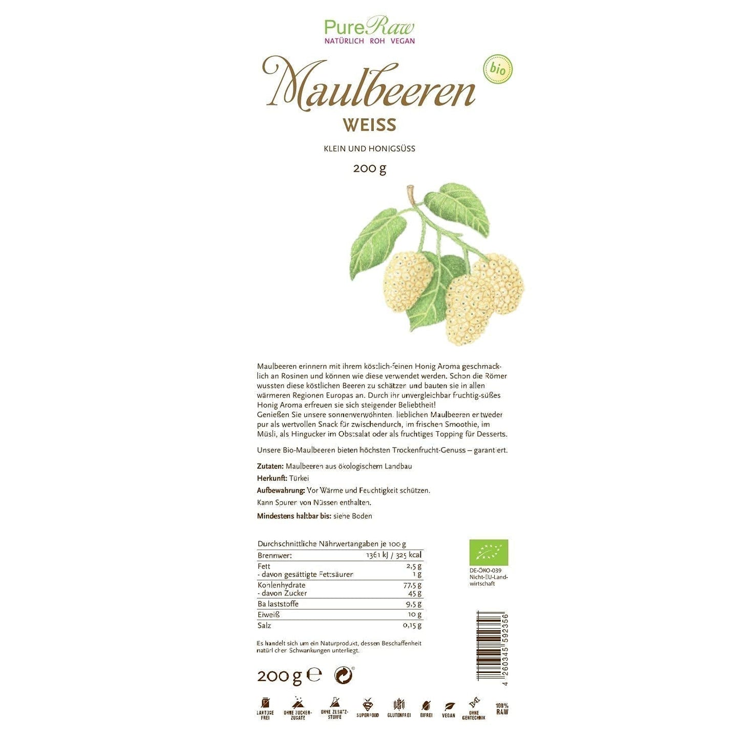 Premium Organic torkade (Raw Vegan) vita mullbär Morus Alba Mulberry Fruit - Torkade frukter utan tillsatt socker från Turkiet - Ekologiska råa vita mullbär torkade frukter | PureRaw 200g Naty Shop uttorkade produkter