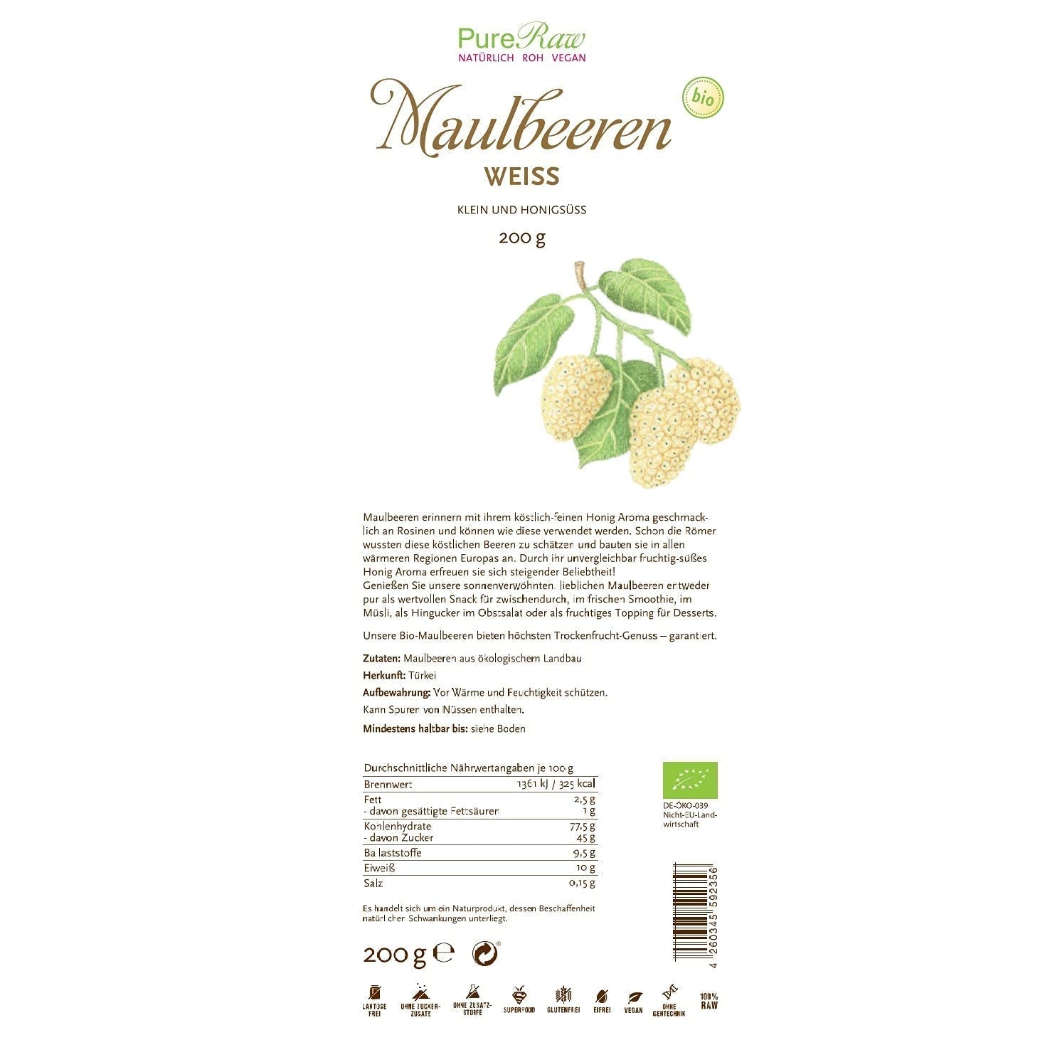 Premium Organic torkade (Raw Vegan) vita mullbär Morus Alba Mulberry Fruit - Torkade frukter utan tillsatt socker från Turkiet - Ekologiska råa vita mullbär torkade frukter | PureRaw 200g Naty Shop uttorkade produkter