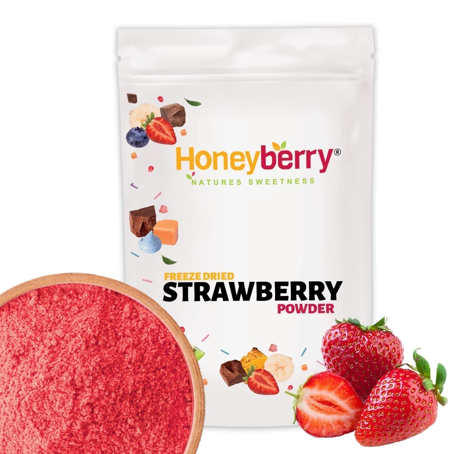 Frystorkat jordgubbspulver 250g - Frystorkat fruktpulver - Frystorkat jordgubbspulver för bakning, smoothie och müsli - 100% naturligt jordgubbspulver utan tillsatser Torkade produkter Naty Shop 250G