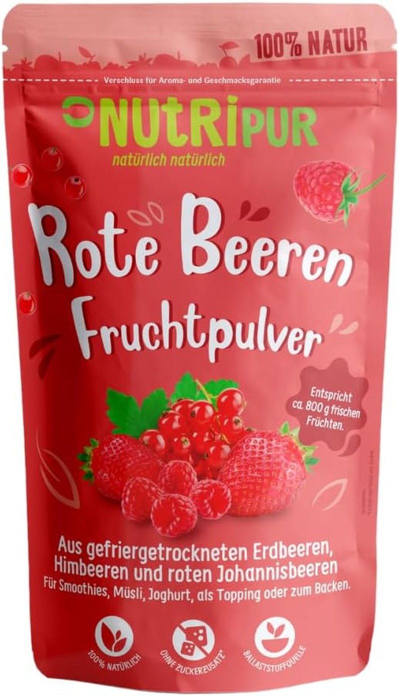 Röd fruktpulver: 100 g hallon, röda vinbär och frystorkade jordgubbar - torkad frukt utan tillsatt socker, inget bläck - smoothie bowl, smoothiepulver - topping från NutriPur Dehydrerade produkter Naty Shop Standardtitel