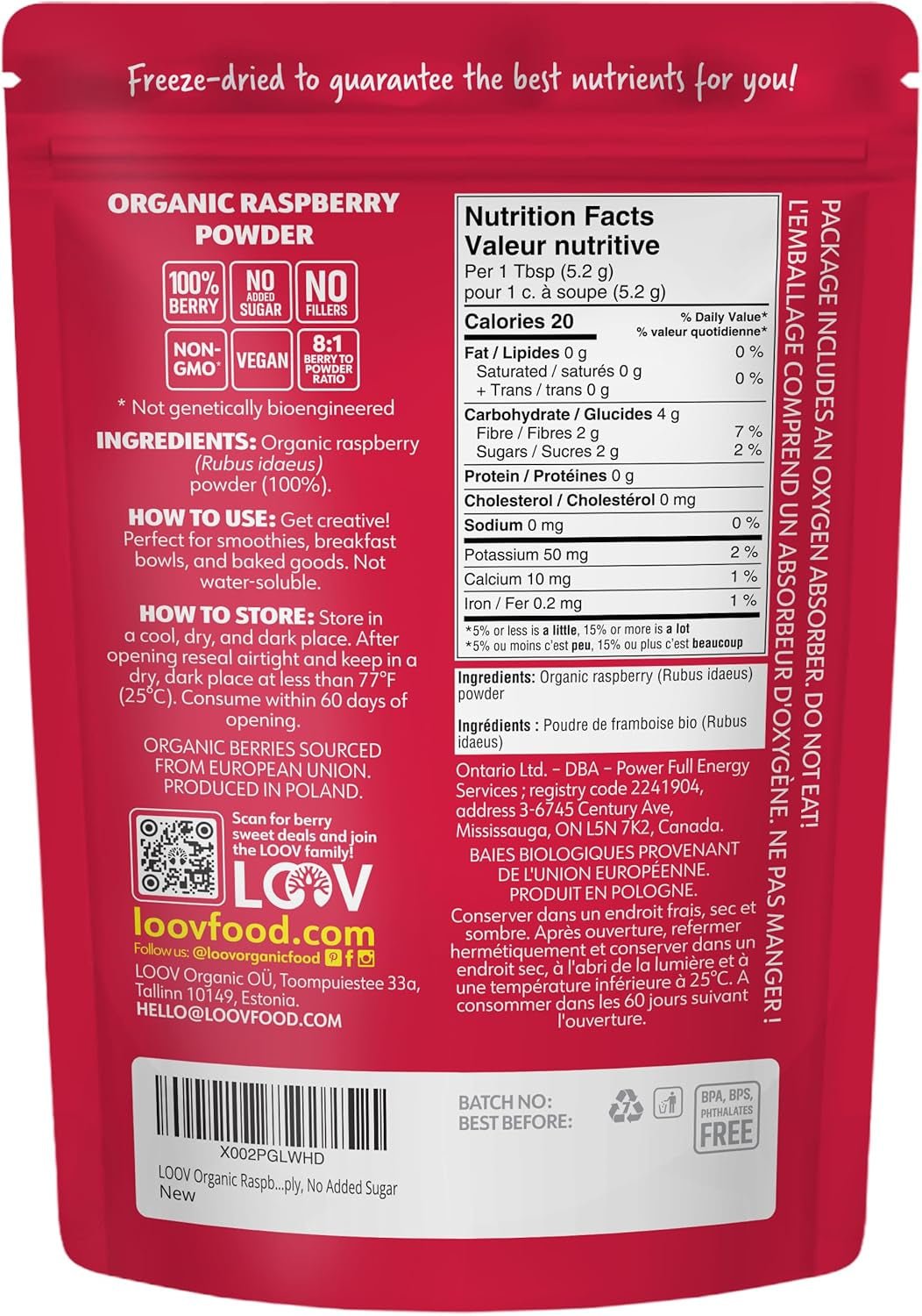 Ekologiskt hallonpulver 100 % hela hallon Frystorkat hallonpulver 171 g från Europa 24 dagars förråd utan tillsatt socker Naty Shop torkade produkter