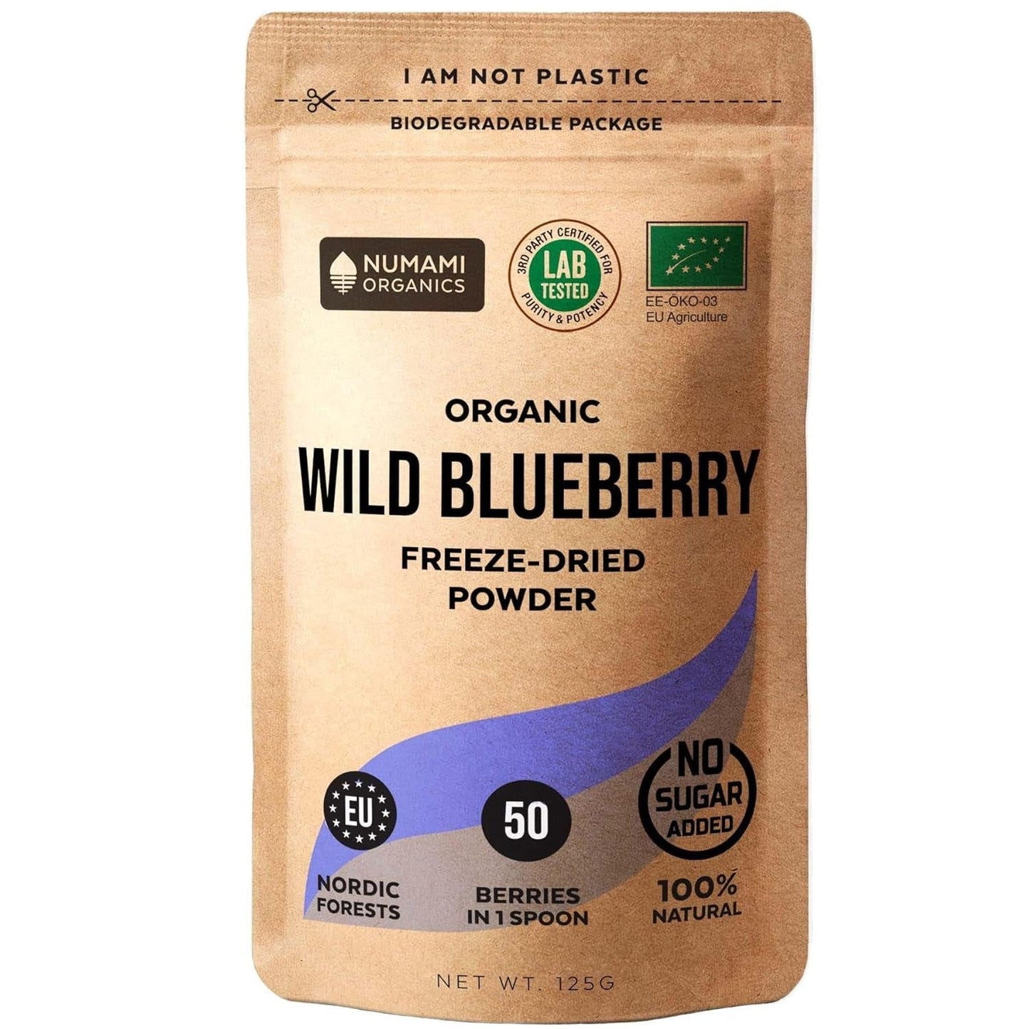 Ekologiskt vilda blåbärspulver, frystorkade hela blåbär, 100 % rå matkvalitet, rik på antioxidanter och vitamin C, utan tillsatt socker, skördad i norra Europa Naty Shop torkade produkter 125 g