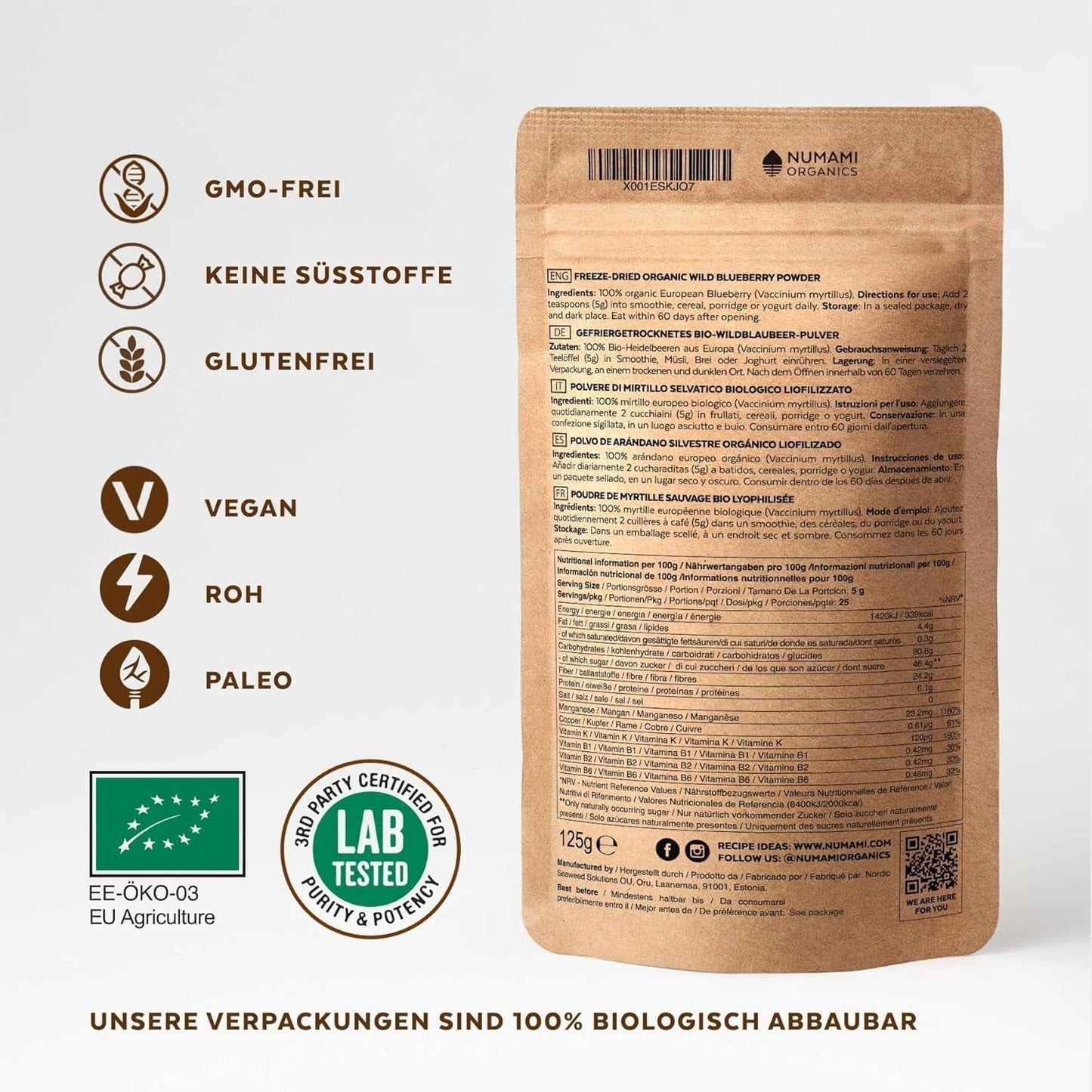 Ekologiskt vilda blåbärspulver, frystorkade hela blåbär, 100 % rå matkvalitet, rik på antioxidanter och vitamin C, utan tillsatt socker, skördad i norra Europa Torkade produkter Naty Shop