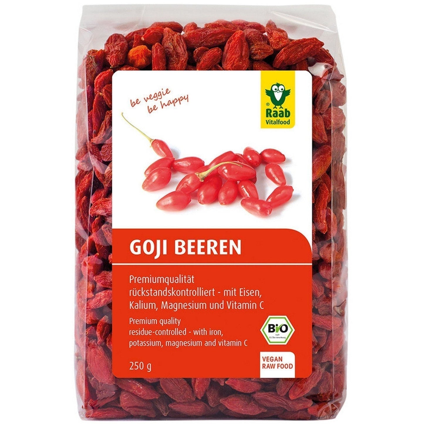 Raab Vitalfood ekologiska gojibär, hög kvalitet, restkontrollerade, labbtestad, svavelfri, inga tillsatser, vegan, rik på naturligt järn, kalium, vitamin C, vargbär, 1 förpackning (250 g) Naty Shop torkade produkter 250 gram