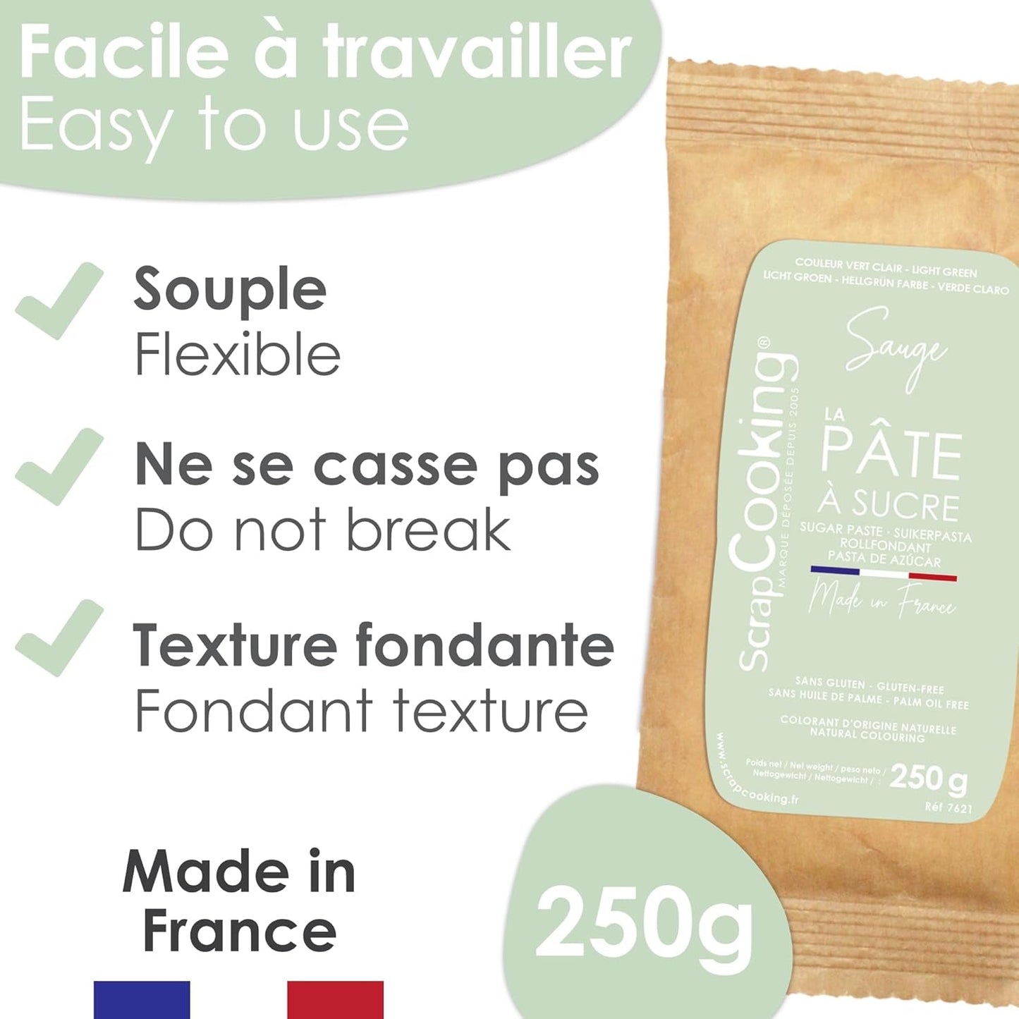 ScrapCooking - Pâte Ã Sucre Vert Sauge 250g - Colorant d'Origine Naturelle - Sans Gluten, Sans Huile de Palme - Pour Gâteaux, Pâtisseries Anniversaire - Vert Pastel - Fabrikie en France - 7621 Sockerpasta Naty Shop