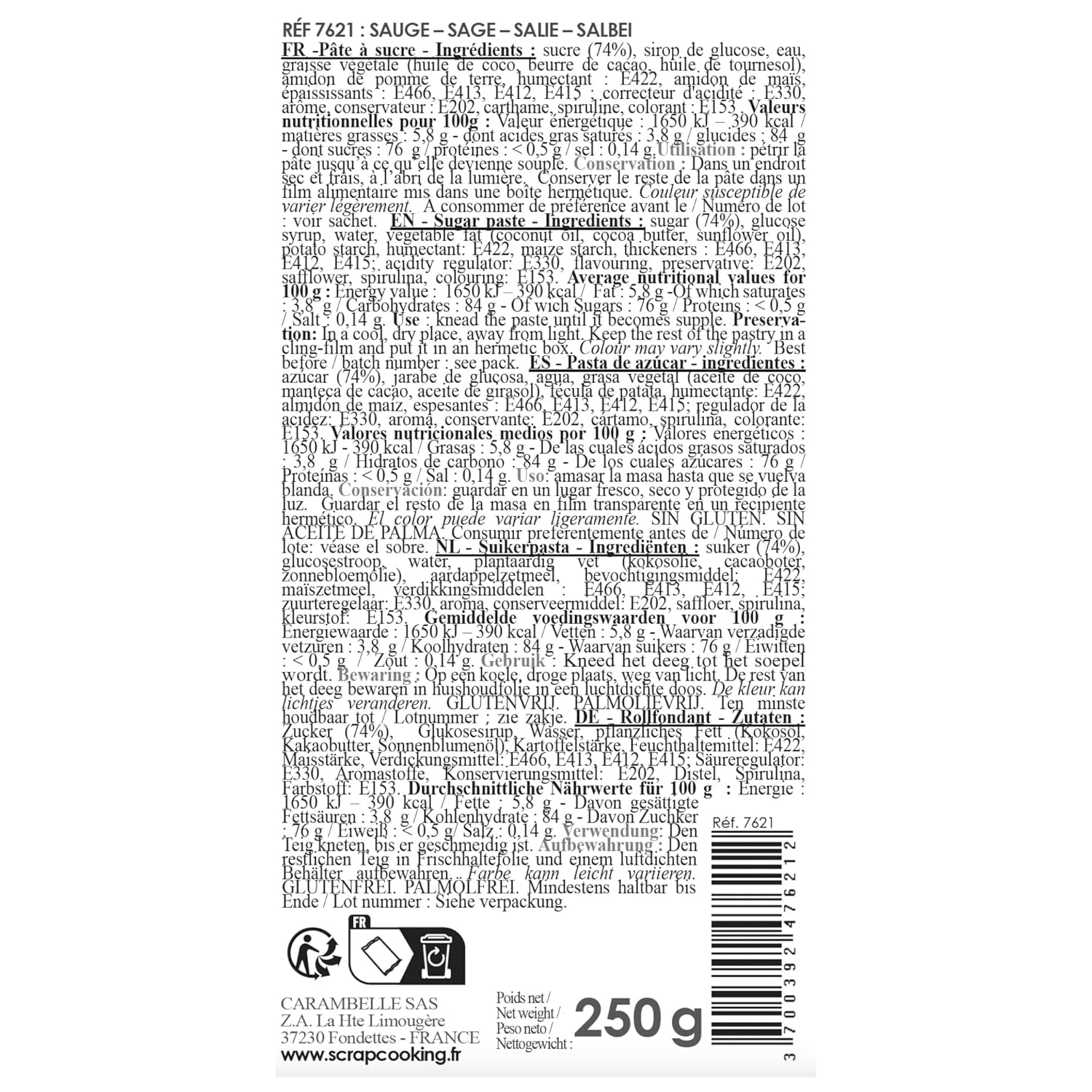 ScrapCooking - Pâte Ã Sucre Vert Sauge 250g - Colorant d'Origine Naturelle - Sans Gluten, Sans Huile de Palme - Pour Gâteaux, Pâtisseries Anniversaire - Vert Pastel - Fabrikie en France - 7621 Sockerpasta Naty Shop