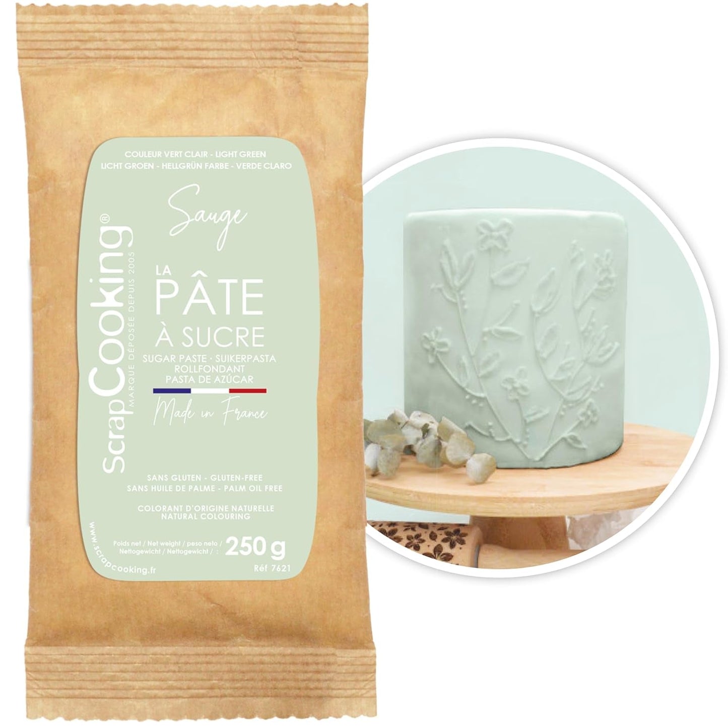 ScrapCooking - Pâte Ã Sucre Vert Sauge 250g - Colourant d'Origine Naturelle - Sans Gluten, Sans Huile de Palme - Pour Gâteaux, Pâtisseries Anniversaire - Vert Pastel - Fabrikie en France - 7621 Sockerpasta Naty Shop pastellrosa nude
