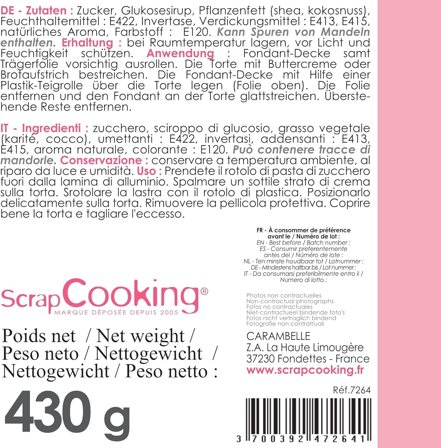 ScrapCooking - Rosa fondantrulle â'¬ 36 cm - Rullad svart fondant 430 g - Cake topper fondant topper dekoration för tårtor, bakning, födelsedagar, fester - Rosa - 7264 Sockerpasta Naty Shop