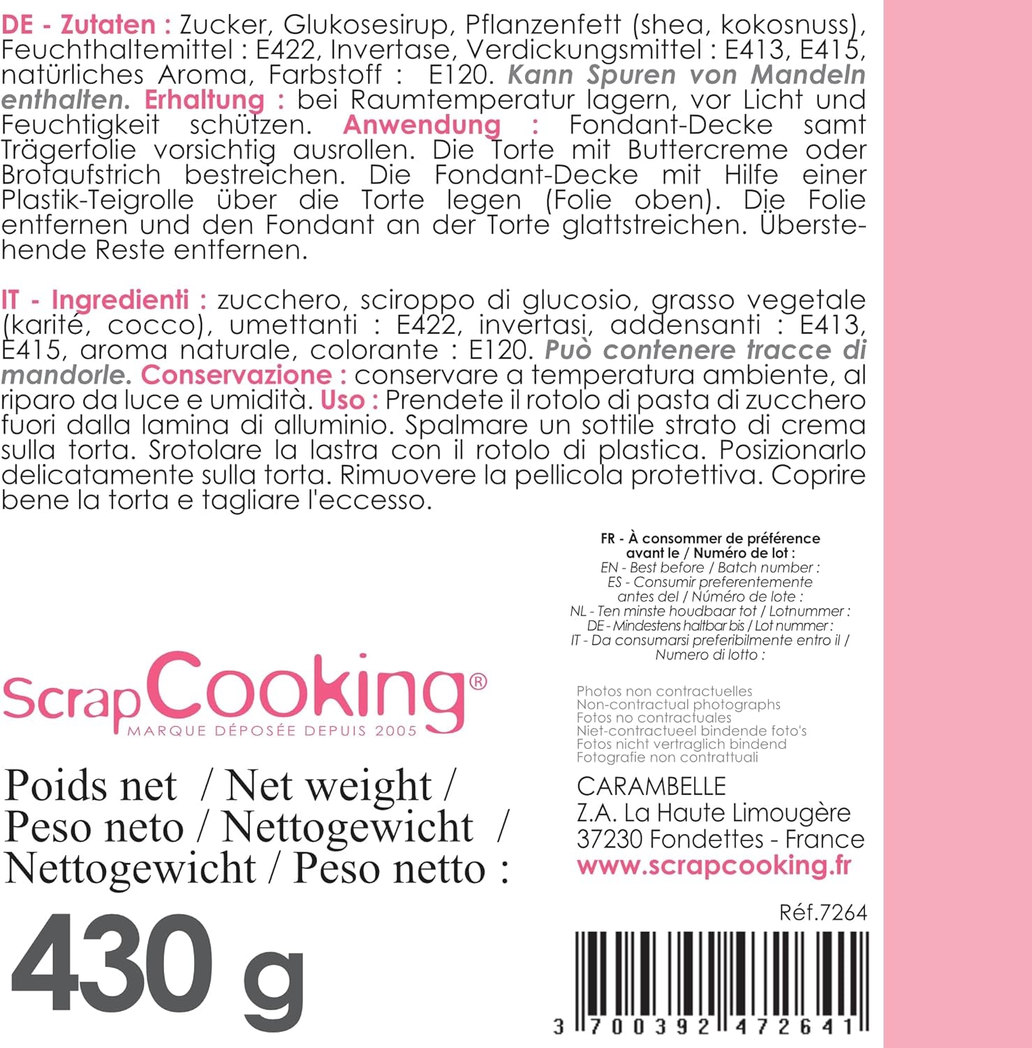 ScrapCooking - Rosa fondantrulle â'¬ 36 cm - Rullad svart fondant 430 g - Cake topper fondant topper dekoration för tårtor, bakning, födelsedagar, fester - Rosa - 7264 Sockerpasta Naty Shop