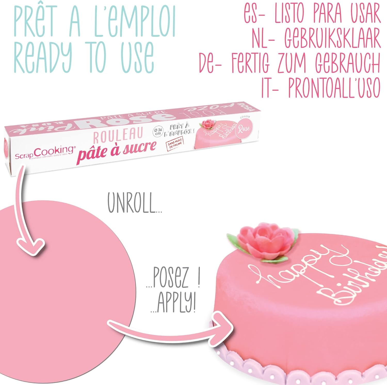 ScrapCooking - Rosa fondantrulle â'¬ 36 cm - Rullad svart fondant 430 g - Cake topper fondant topper dekoration för tårtor, bakning, födelsedagar, fester - Rosa - 7264 Sockerpasta Naty Shop