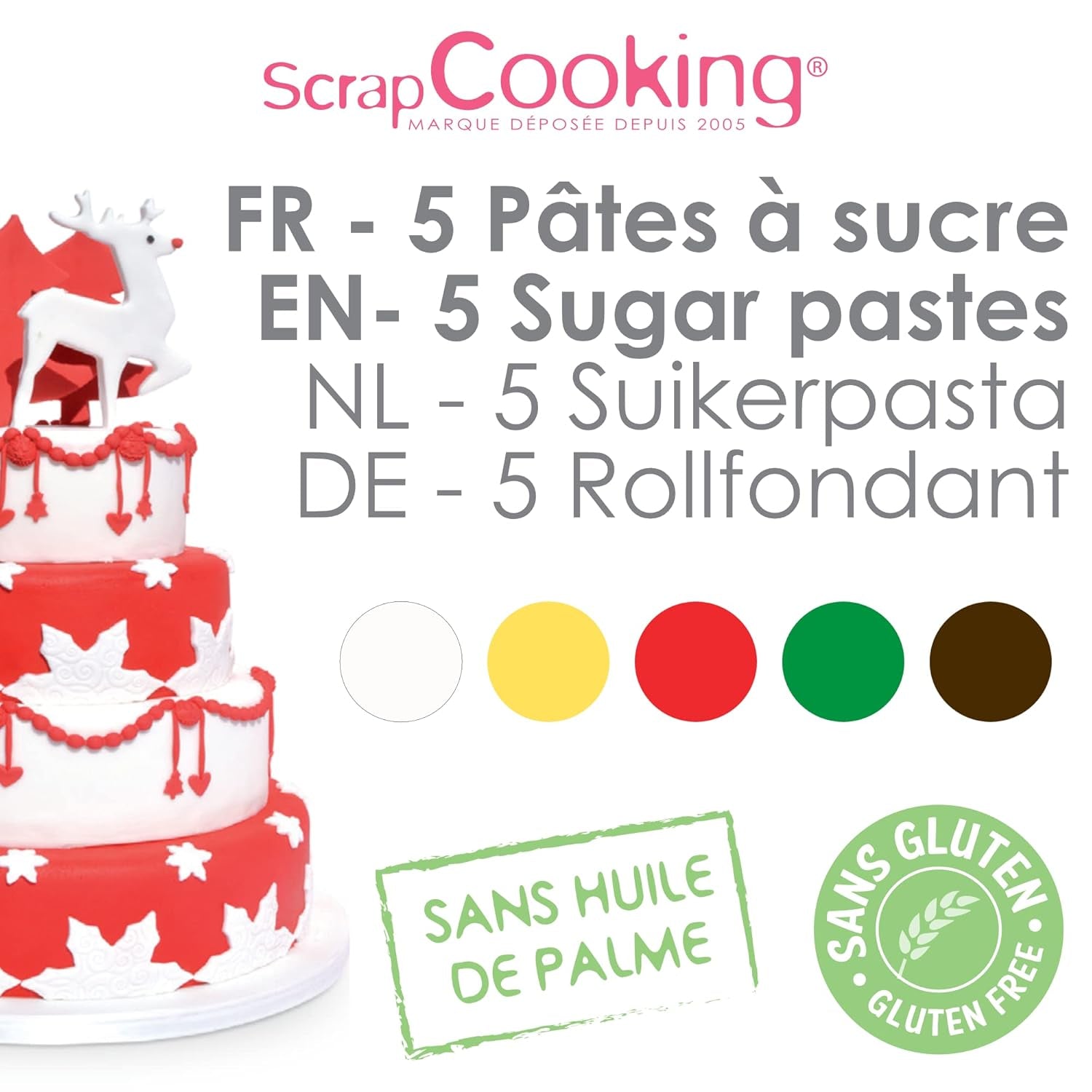 ScrapCooking - Set om 5 Fondant - vit, gul, röd, grön och brun - 5 x 80g - sugarpaste för tårtor Tårtdekorationer Födelsedag jul - glutenfri och palmoljefri - 7257 Naty Shop Sugarpaste