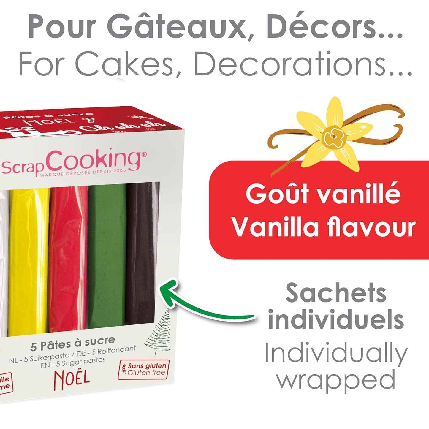 ScrapCooking - Set om 5 Fondant - vit, gul, röd, grön och brun - 5 x 80g - sugarpaste för tårtor Tårtdekorationer Födelsedag jul - glutenfri och palmoljefri - 7257 Naty Shop Sugarpaste
