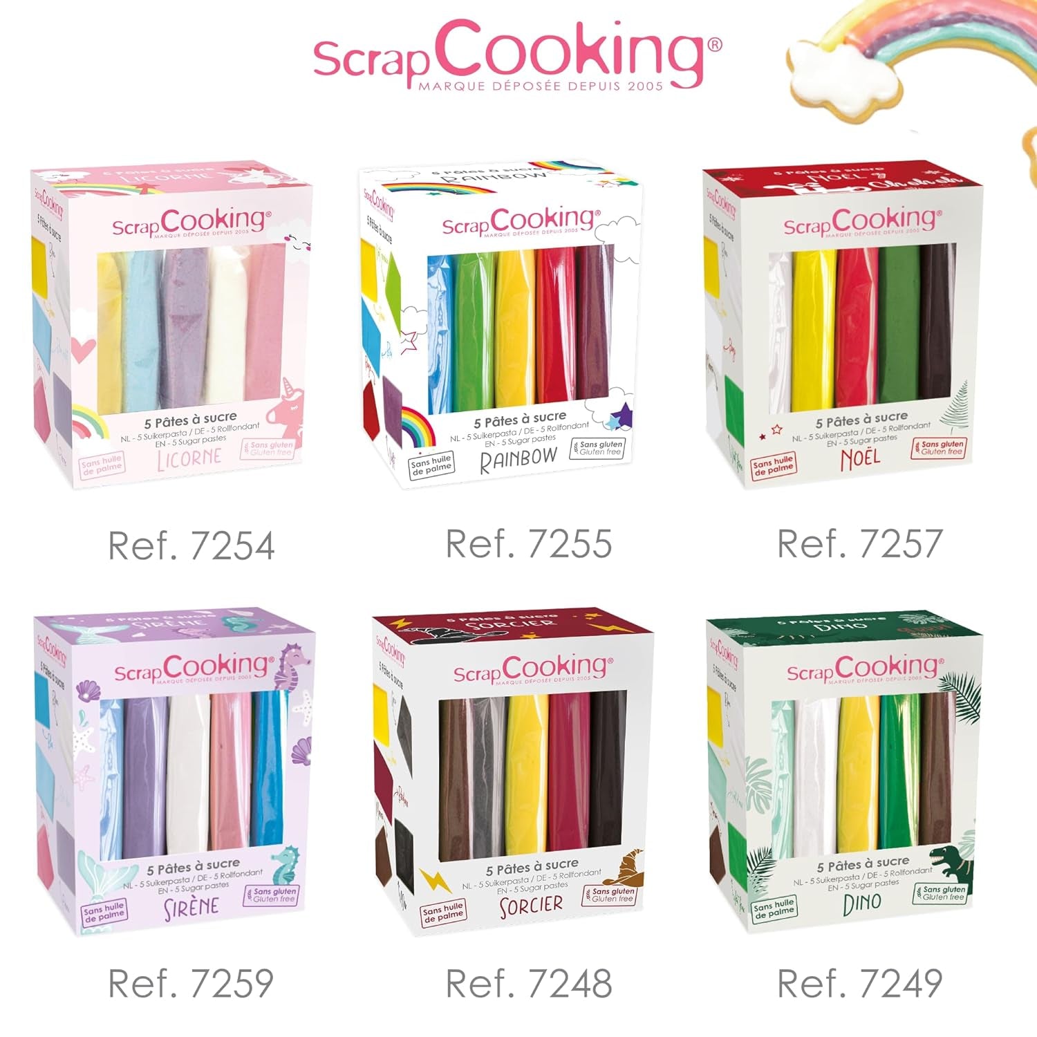 ScrapCooking - Set om 5 Fondant - vit, gul, röd, grön och brun - 5 x 80g - sugarpaste för tårtor Tårtdekorationer Födelsedag jul - glutenfri och palmoljefri - 7257 Naty Shop Sugarpaste