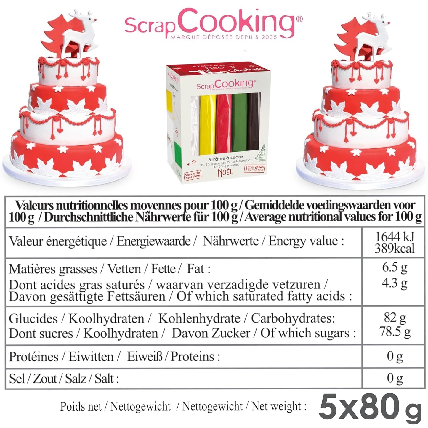 ScrapCooking - Set om 5 Fondant - vit, gul, röd, grön och brun - 5 x 80g - sugarpaste för tårtor Tårtdekorationer Födelsedag jul - glutenfri och palmoljefri - 7257 Naty Shop Sugarpaste