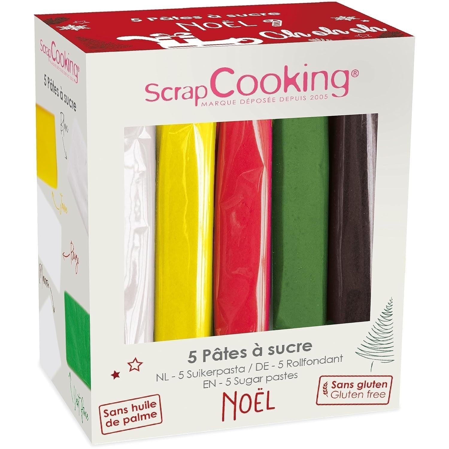 ScrapCooking - Set med 5 Fondant - vit, gul, röd, grön och brun - 5 x 80g - sugarpaste för tårtor Tårtdekorationer Födelsedag jul - gluten- och palmoljafri - 7257 Sugarpaste Naty Shop Standardtitel