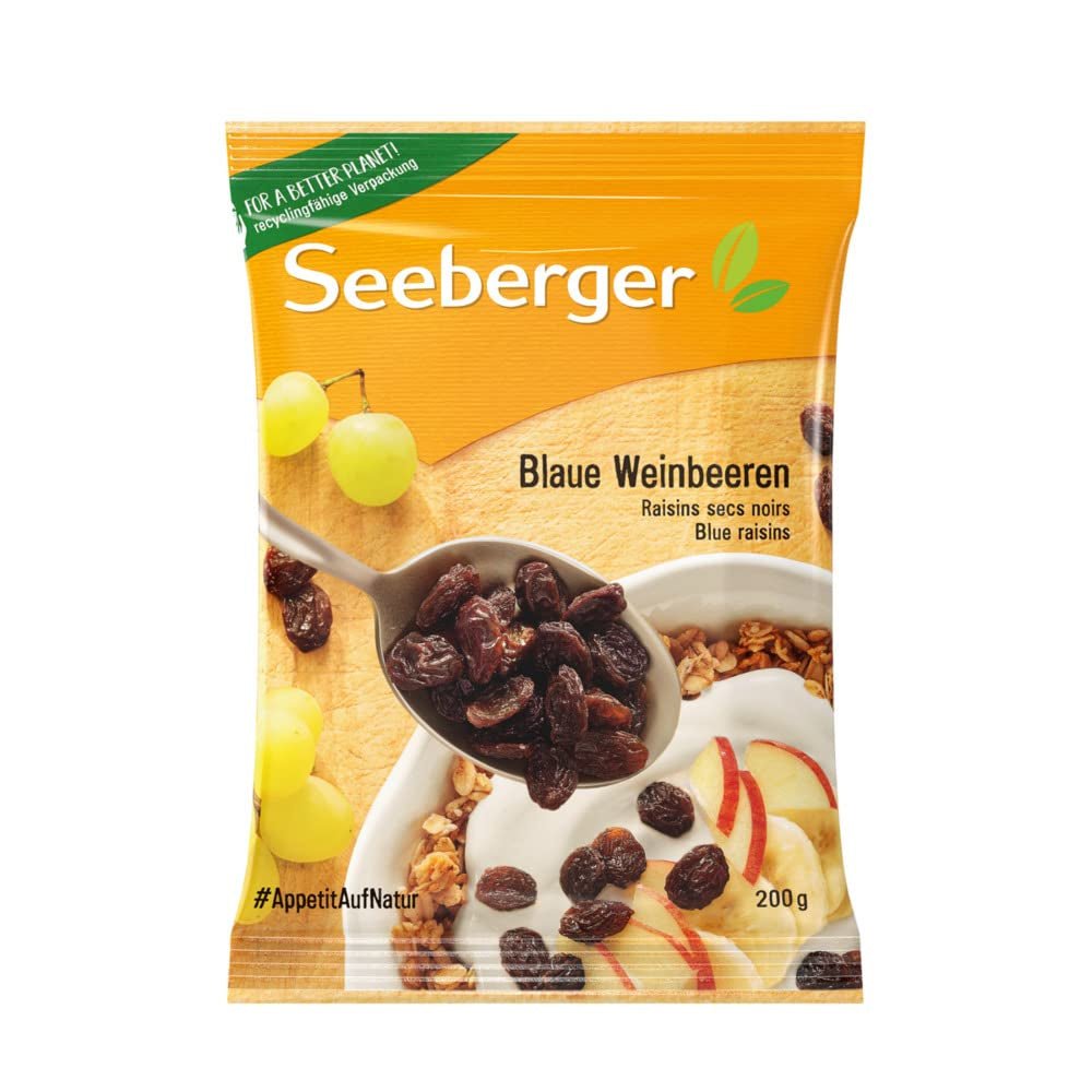 Seeberger Blue Sultanas 13-pack: Sweet & Juicy Thompson Seedless Grape Sultanas - För bakning, matlagning och mellanmål - Soltorkade - Osvavlade, Veganska (13 x 200 g) Naty Shop Dehydrerade produkter Standardtitel