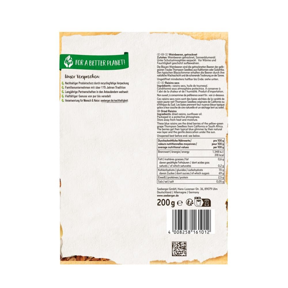 Seeberger Blue Sultanas 13-pack: Söta och saftiga Thompson Grape Sultanas utan kärnor - för bakning, matlagning och mellanmål - Soltorkade - Osvavlade, Veganska (13 x 200 g) Naty Shop Dehydrerade produkter