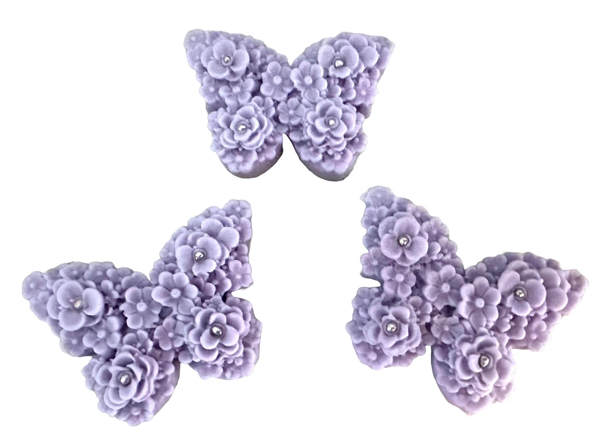 Set med 3 ätliga sockerdekorationer, lila lila fjärilar Sugar Paste Decorations Nati Shop
