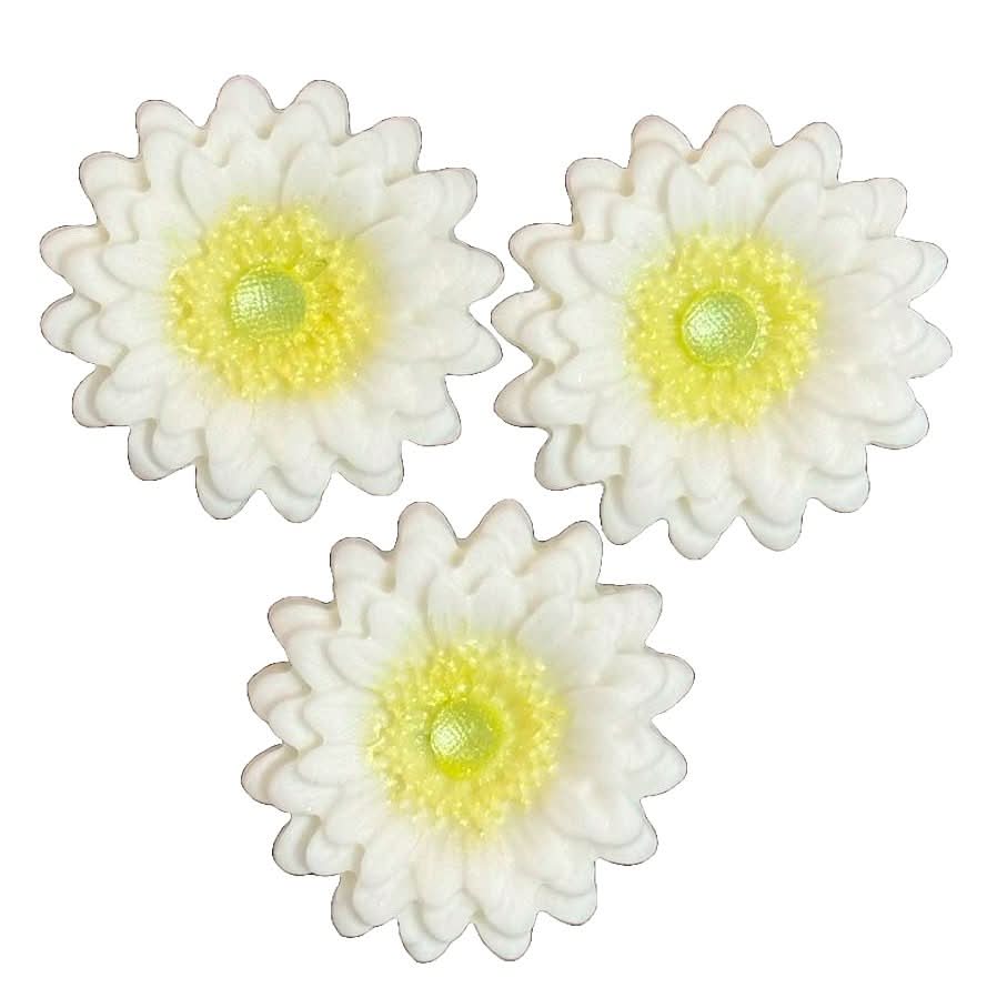 Set med 3 ätliga sockerdekorationer, vita Gerbera-dekorationer från Sugar Paste Nati Shop