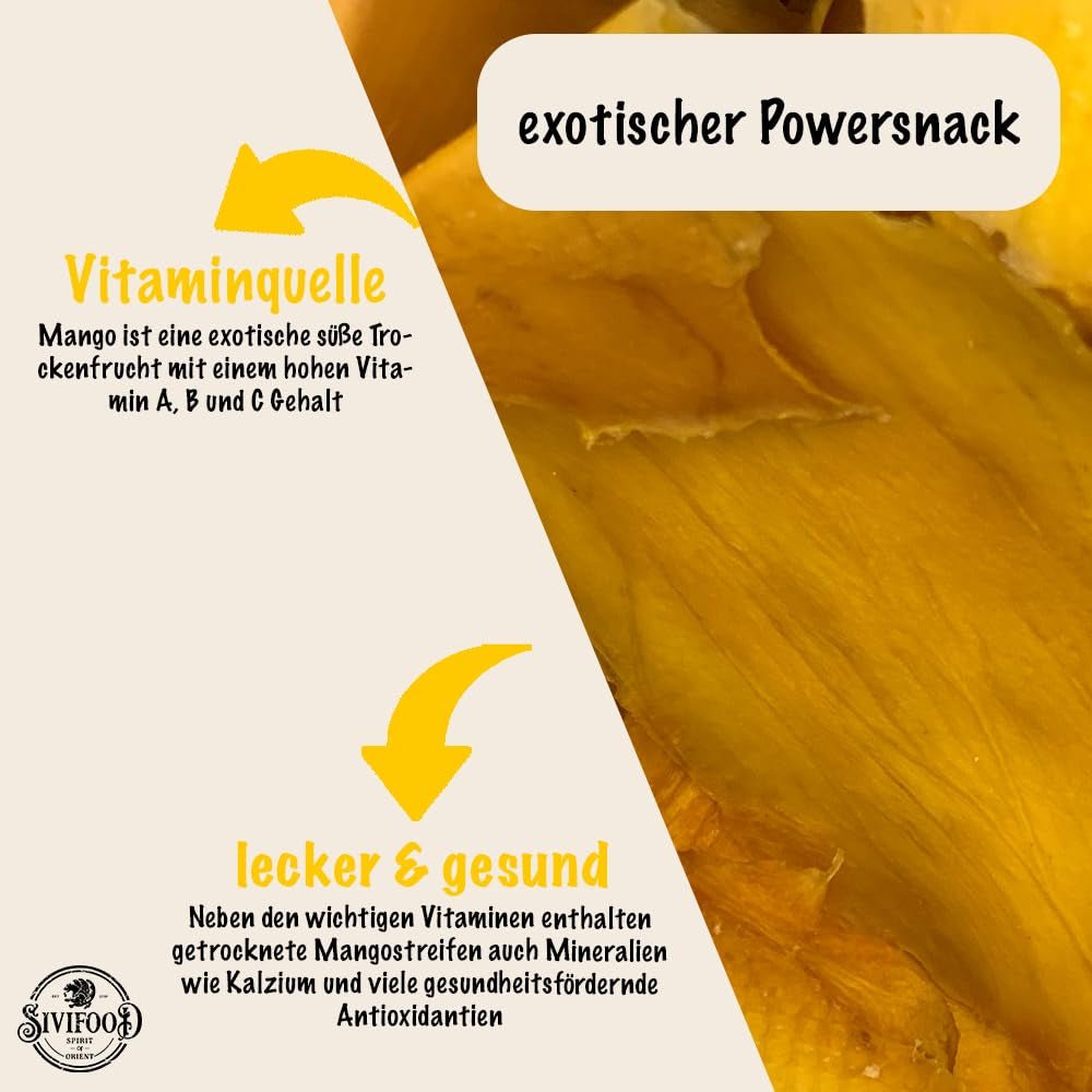 SIVIFOOD torkad mango 1 kg - torkad mango remsor exotisk torkad frukt osvavellad utan tillsatt socker naturlig naturlig vegan rik på vitaminer torkad mango vitaminiserad frukt mellanmål 1000g Dehydrerade produkter Naty Shop