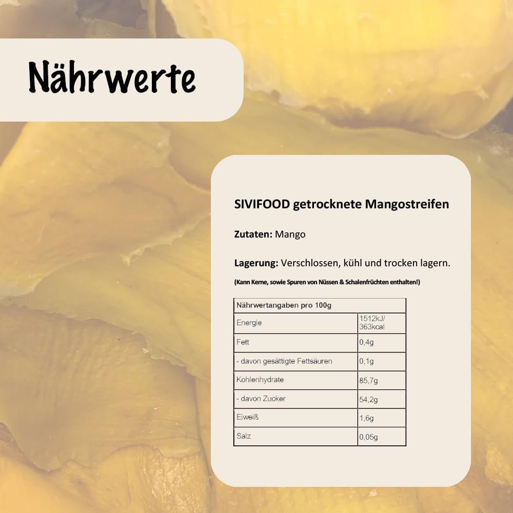 SIVIFOOD torkad mango 1 kg - torkad mango remsor exotisk torkad frukt osvavellad utan tillsatt socker naturlig naturlig vegan rik på vitaminer torkad mango vitaminiserad frukt mellanmål 1000g Dehydrerade produkter Naty Shop