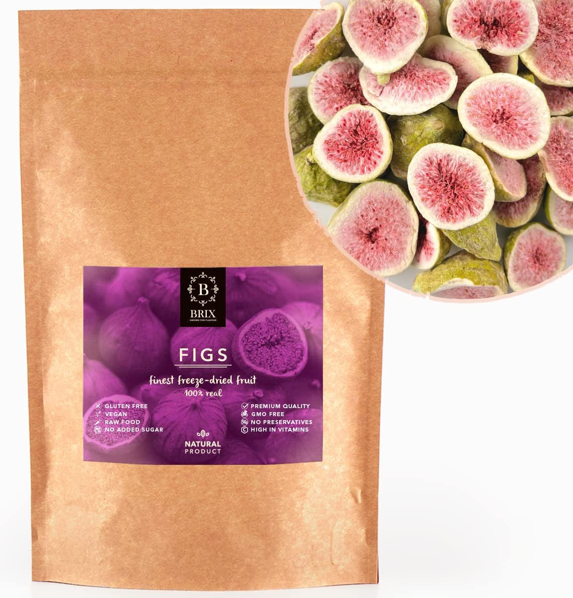 Frystorkade fikon BRIX | Naturliga, torkade fikon 95 g | Great Taste Award för torkad frukt, torkad | Icke-GMO, glutenfri, vegan, undanhållna vitaminer Naty Shop Dehydrerade produkter Standardtitel