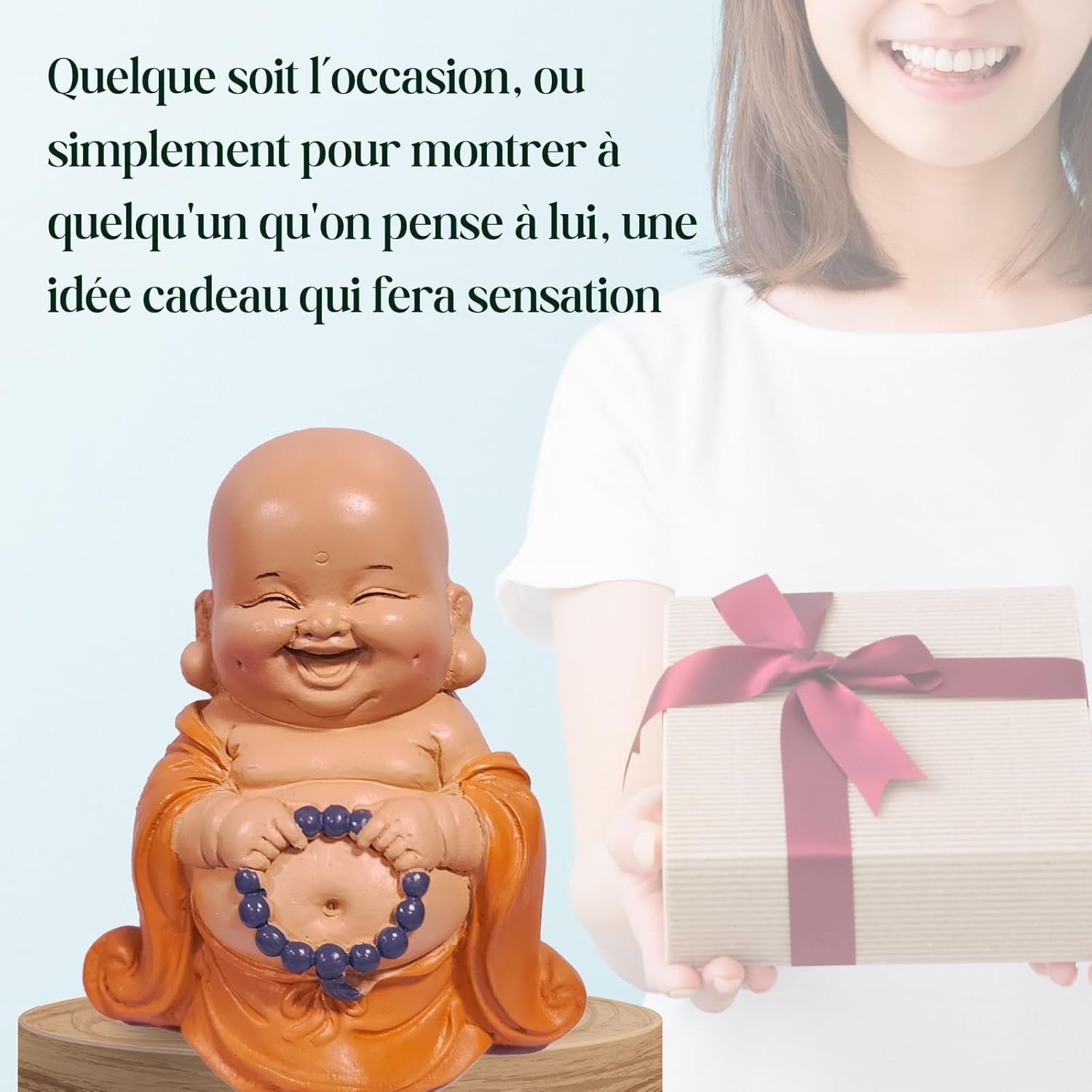Skrattande Buddhastaty med radband - Inspirerande och glad figur - Lucky talisman full av positivitet - Söt och andlig presentidé - -H 10 cm - Zen'Light Statyer och skulpturer Naty Shop