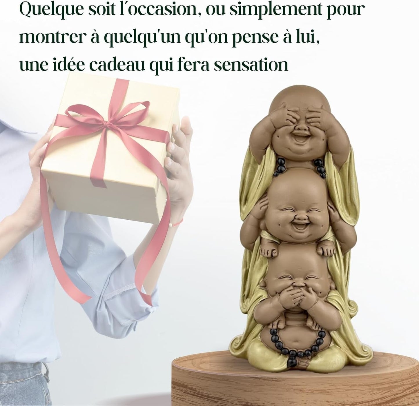 Staty 3 Laughing Buddhas - Se ingenting - Hör ingenting - Säg ingenting - Baby Buddha Symbolisk ensemble - Fredlig och glad stämning - Zen dekor -H 18 cm - Zen'Light Statyetter och skulpturer Naty Shop