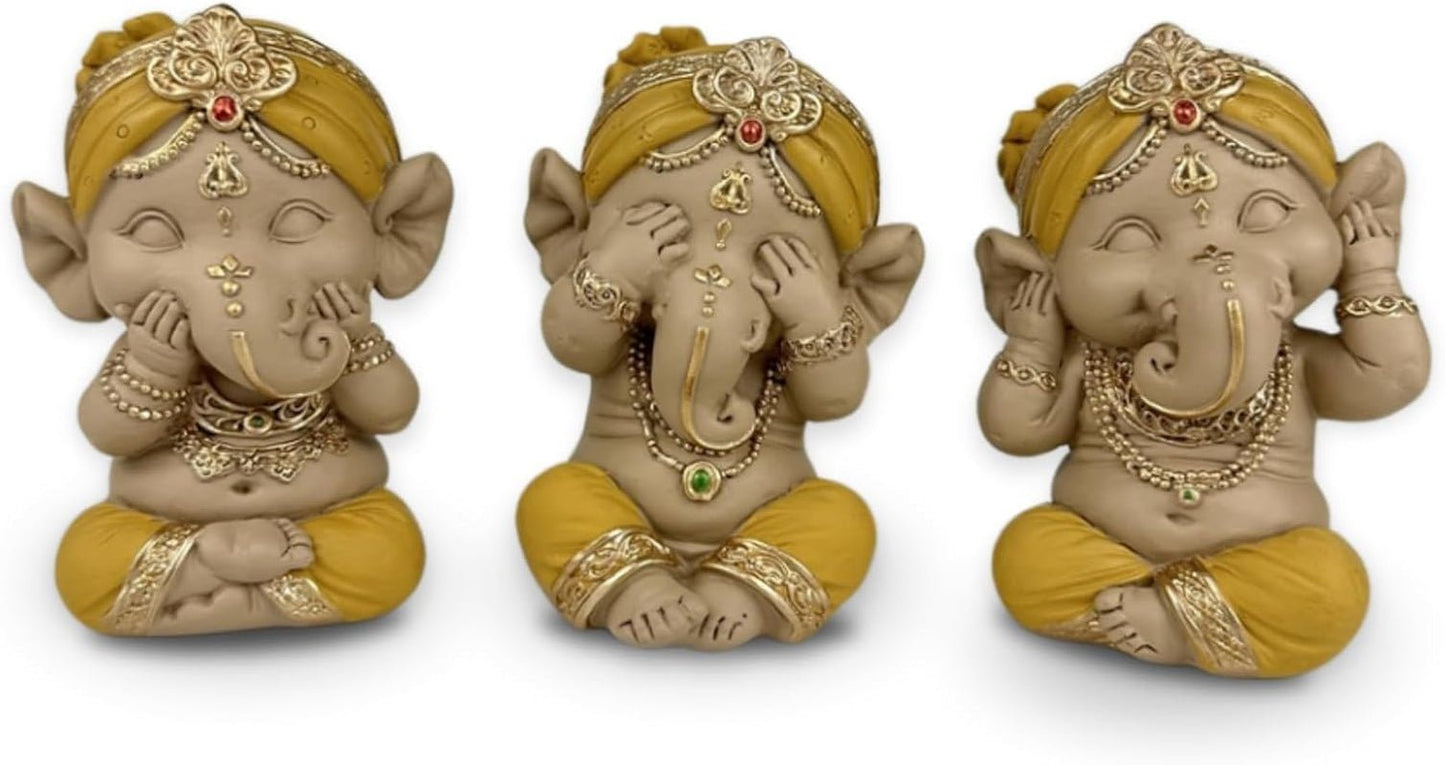 Staty 3 Laughing Buddhas - Se ingenting - Hör ingenting - Säg ingenting - Baby Buddha Symbolisk ensemble - Fridfull och glad stämning - Zen dekor -H 18 cm - Zen'Light Statyetter och skulpturer Naty Shop Gyllene gul H 9