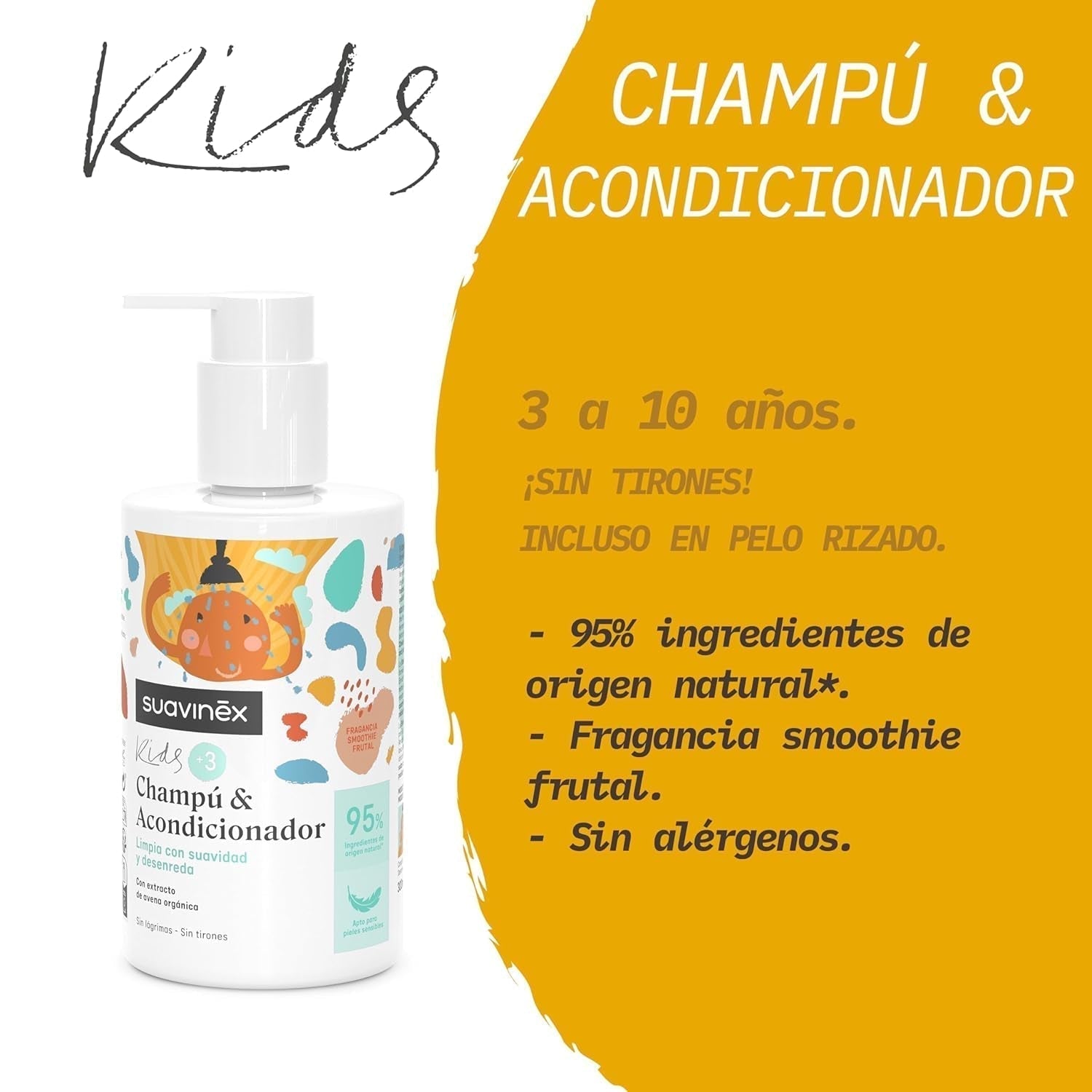 Suavinex, vårdschampo för barn från 3 till 10 år, allergenfritt, parabenfritt, silikonfritt, lämpligt för känslig hud, inga tårar eller drag, 95 % ingredienser av naturligt ursprung, Barn - Bad och hudvård Naty Shop