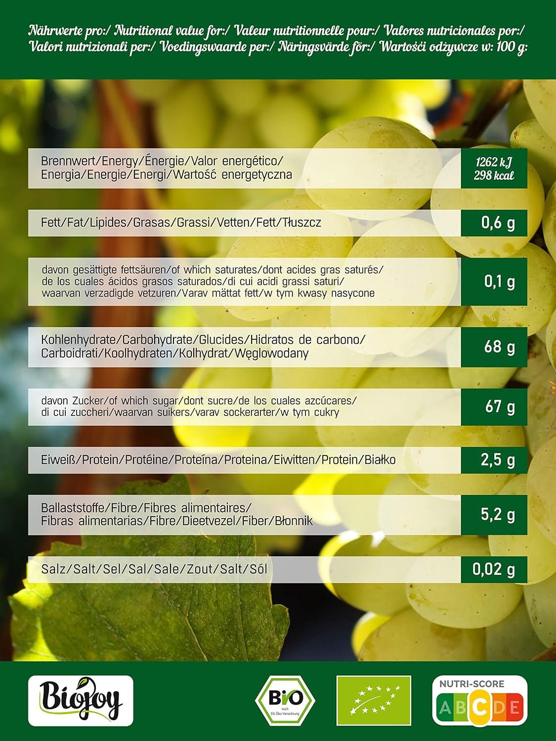 Biojoy ekologiska sultanor (500 g), torkade och osvavelfria Naty Shop torkade produkter